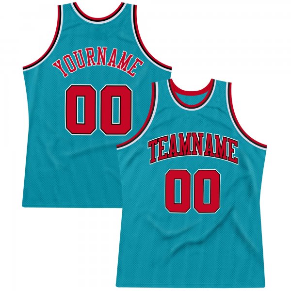 Men's Custom Teal Red-Black Authentic Throwback Basketball Jersey